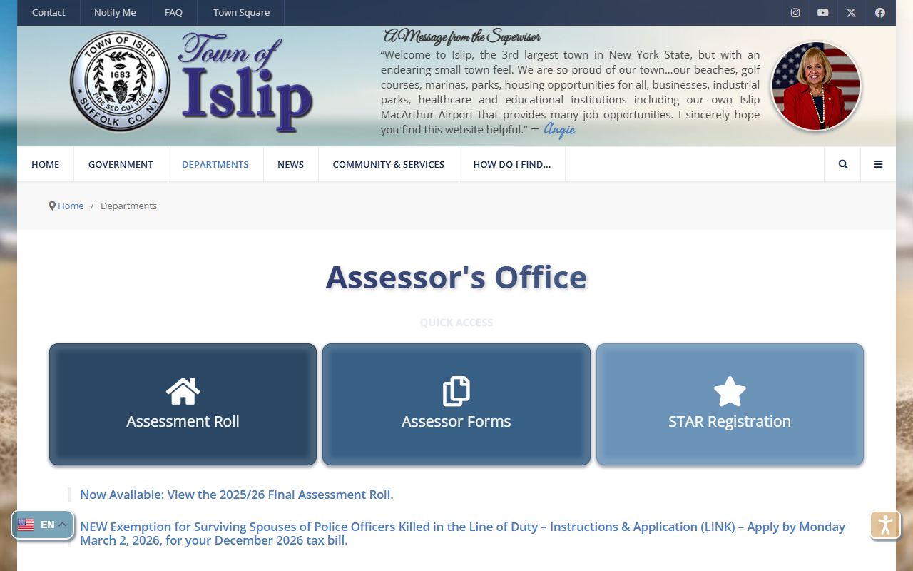 Town of Islip Assessor's Office property records search page