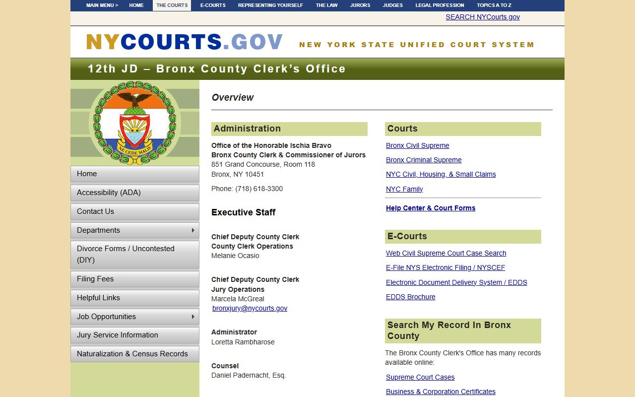 Bronx County Clerk's Office website showing property records services