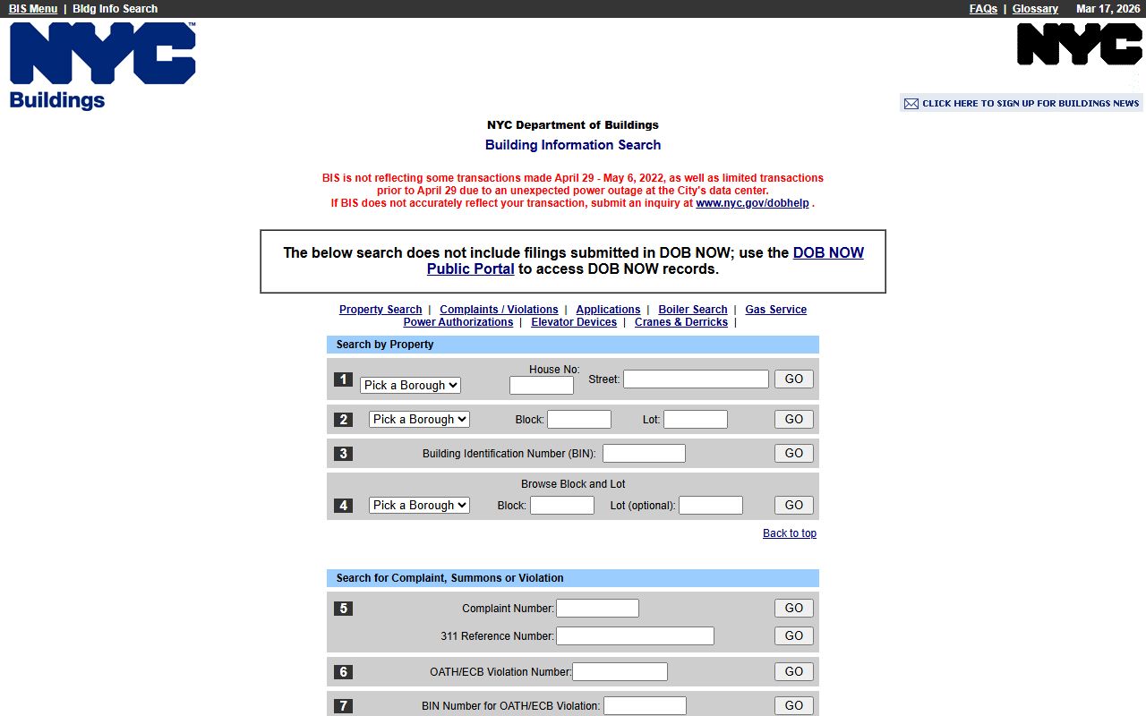 NYC Department of Buildings BIS system for Bronx County building records