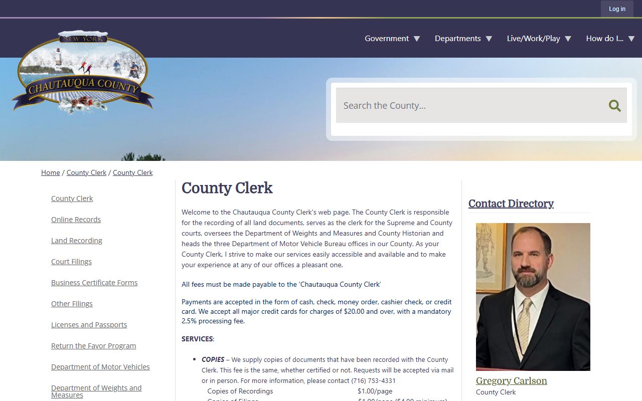 Chautauqua County Clerk's Office website for land records and property document recording