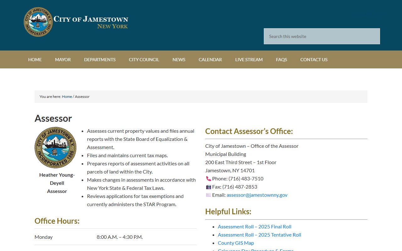 City of Jamestown Assessor's Office website for Chautauqua County property assessments