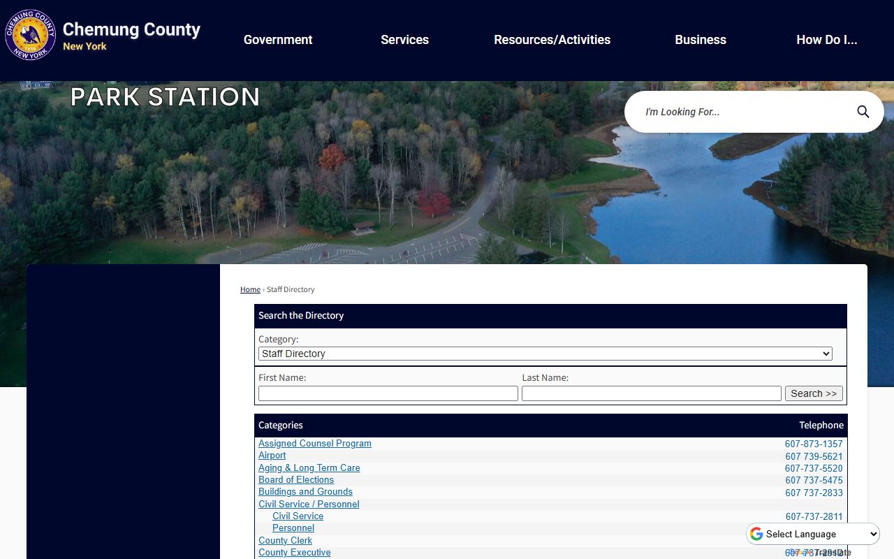 Chemung County government directory showing County Clerk and property services offices