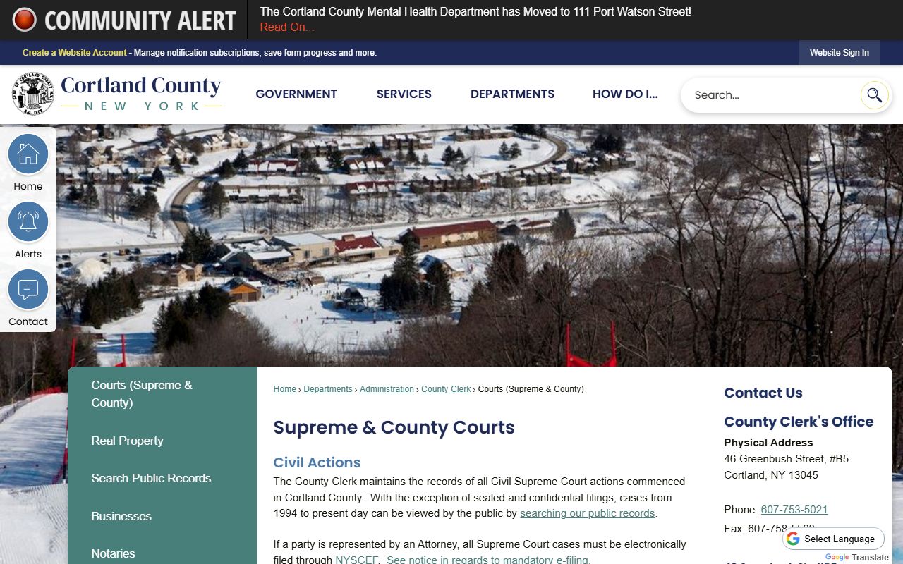 Cortland County Clerk office website showing land records services and recording information