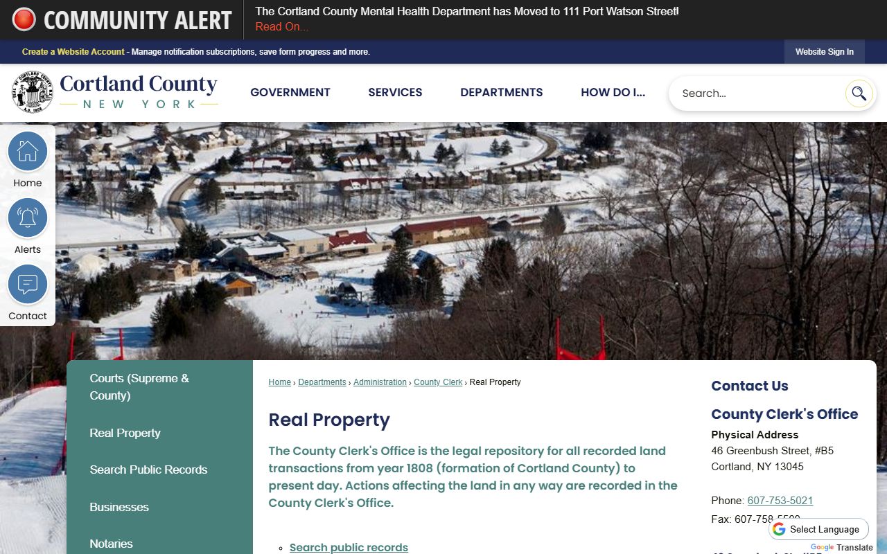 Cortland County Real Property Tax Department website showing assessment and tax map resources