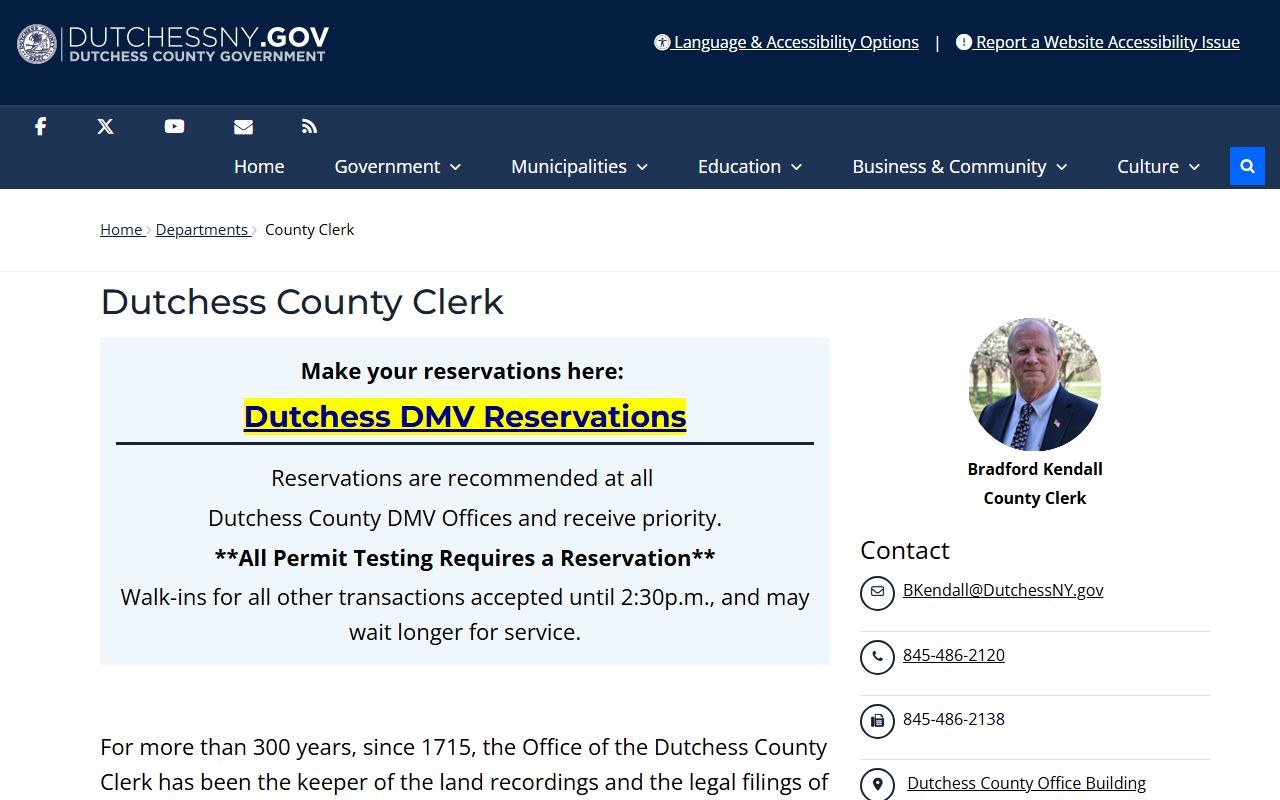 Dutchess County Clerk website showing land records services and property document recording information