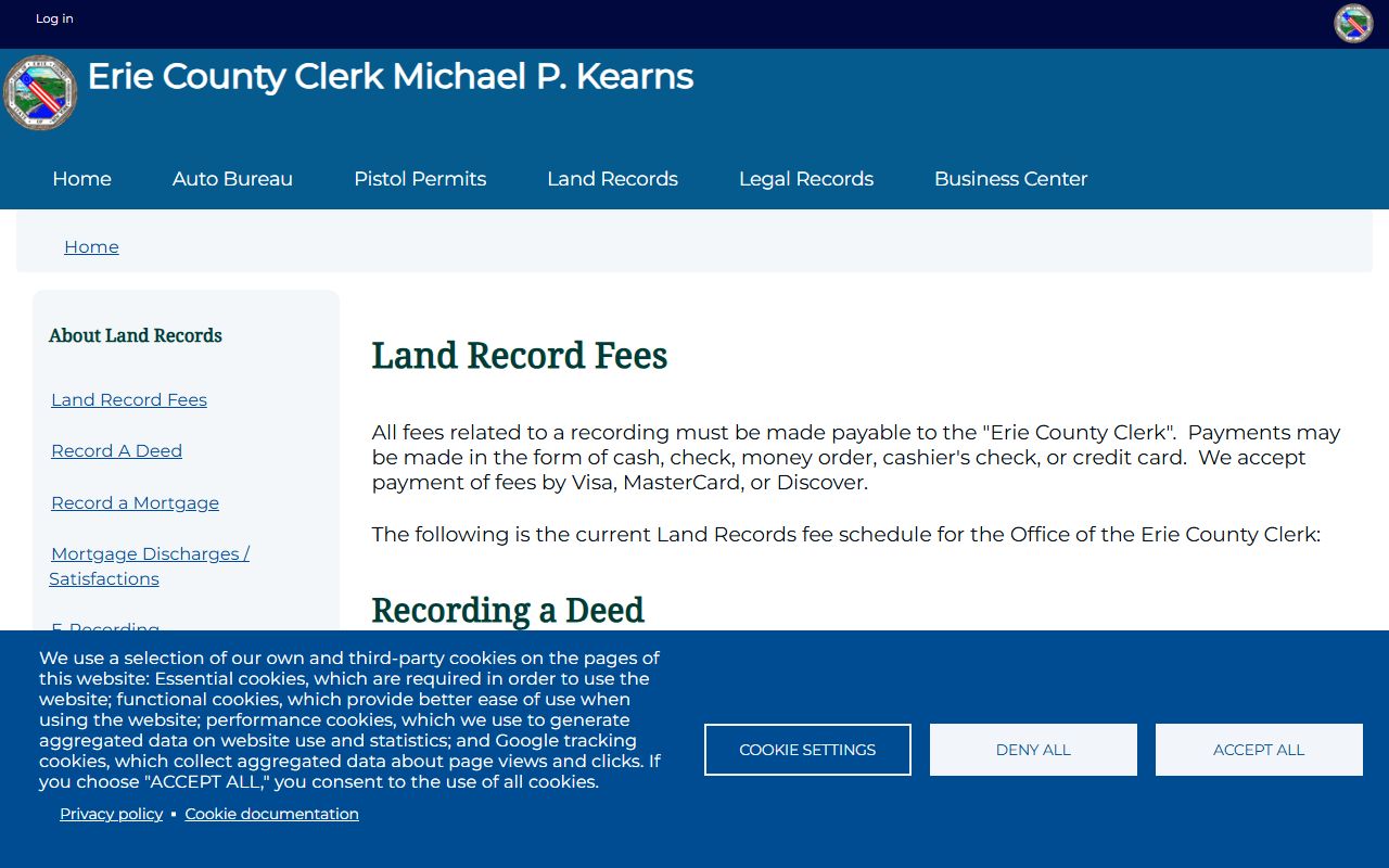 Erie County Clerk recording fees schedule for Buffalo property records