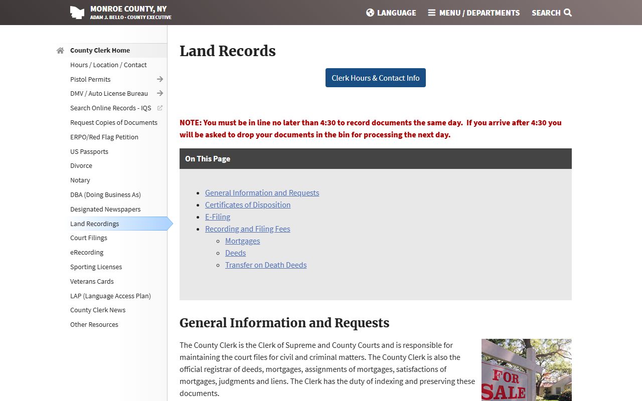 Monroe County Clerk land records office for Rochester property records searches