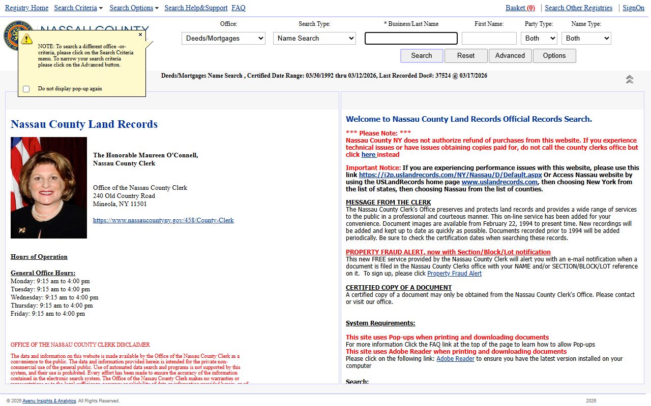Nassau County land records online search system for property records