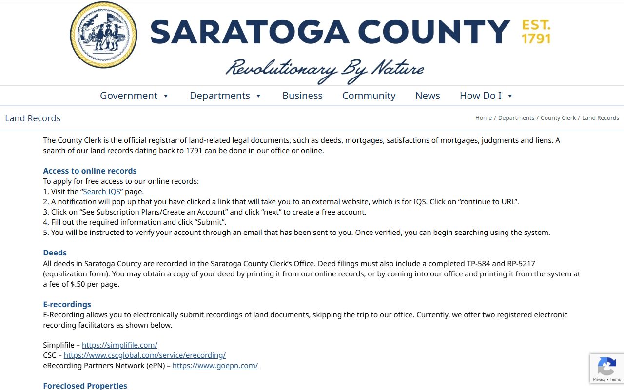 Saratoga County Clerk's office page for property records and land document recording