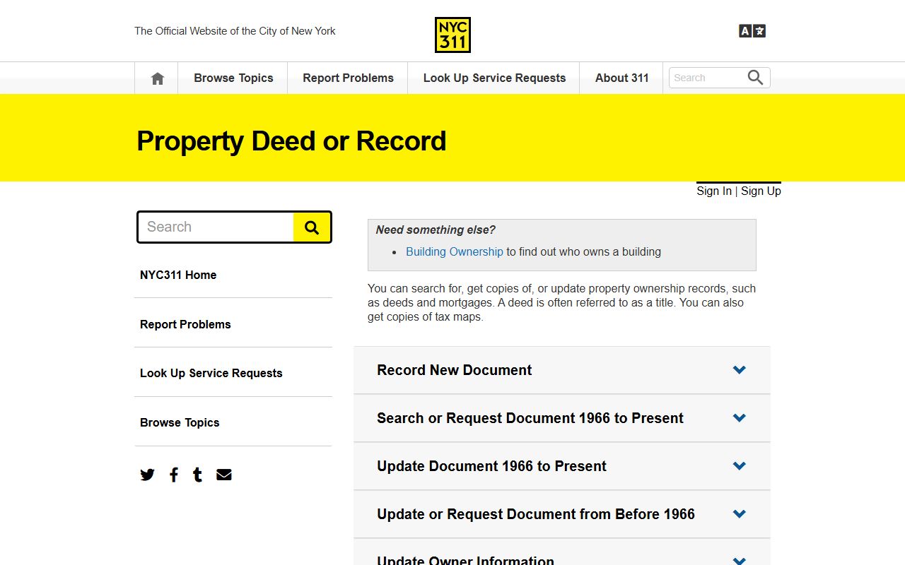NYC 311 property records information page covering Staten Island recording procedures