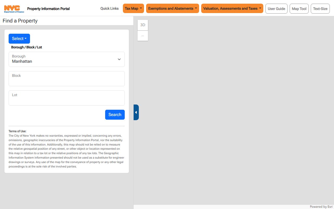NYC Property Information Portal showing Manhattan property map data and lot boundaries