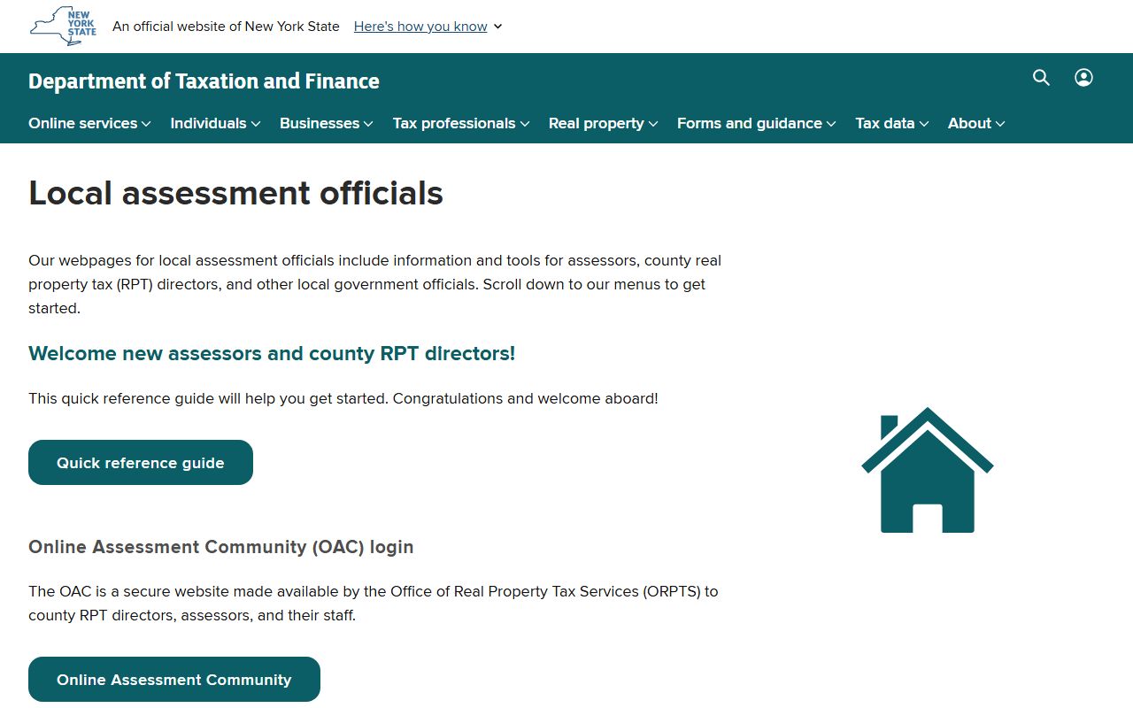 New York Office of Real Property Tax Services homepage showing property tax resources and assessment tools