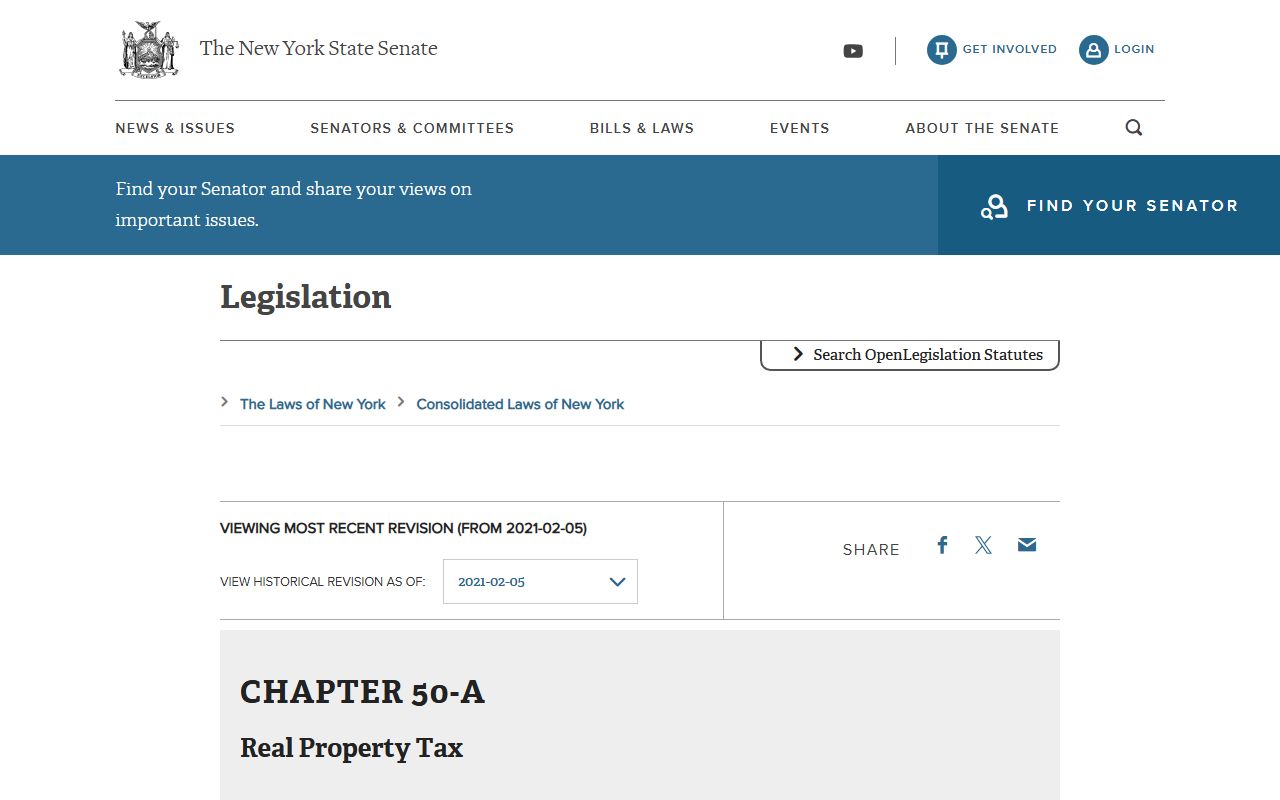 New York State Real Property Tax Law legislation page on the Senate website